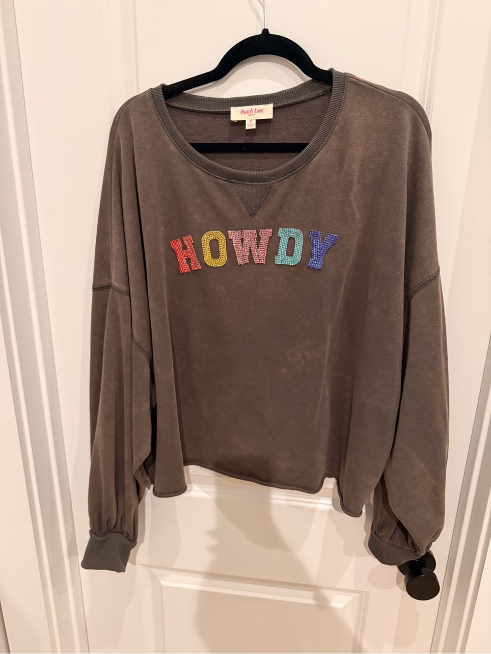 Peach Love California "Howdy" Gray Crewneck Sweater with Rainbow Letters